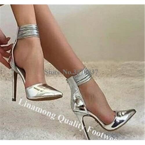 Linamong Shining Silver Leather Stiletto Heel Pumps Pointed Toe Patent Leather Ankle Straps High Heels Wedding Dress Shoes