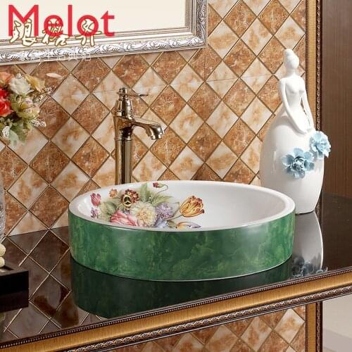 Ceramic under-Table Basin Wash Basin Wash Basin Art Basin Wash Basin on-Table Basin Middle Basin round Green Peony