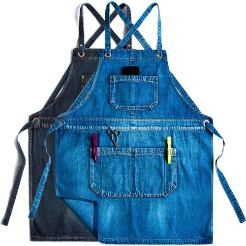 Cowboy Solid Denim Cooking Pocket Coffee Pinafore Hairdresser Apron House Cleaning Canvas Master Apron For Kitchen Accessories