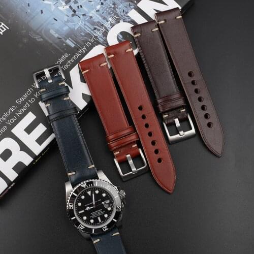 Handmade Retro Leather Watch Strap Blue Coffee Red Brown Watch Belt With Quick Release Stainless Steel Buckle Wristband #D