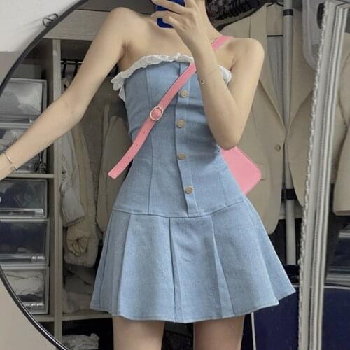 Sannian Summer Slim Tube Top Denim Dress Women 2021 New Waist Sexy Party Prom Bar Pleated Short Lace Dress Women Clothes