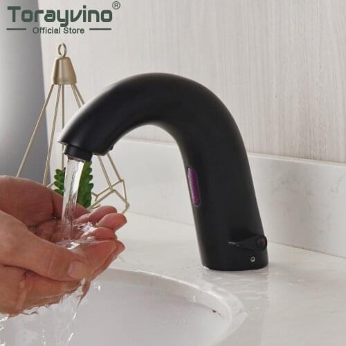 Torayvino Matte Black Automatic Touch Free Sensor Bathroom Faucet Basin Sink Solid Brass Faucet Deck Mounted Mixer Water Tap