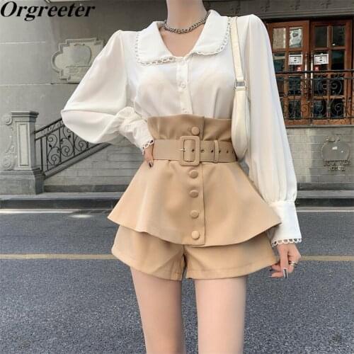 Fashion Blouse Pants Two Piece Set Women Lace Trim Lantern Long Sleeve Shirt + High Waist Ruffled Girdle Shorts Sets Autumn New