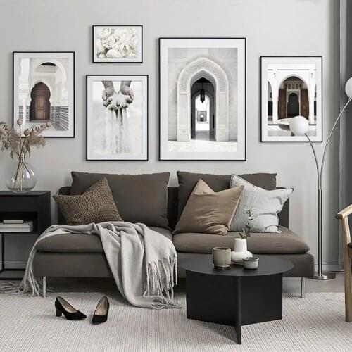 Islamic Poster White Building Flower Canvas Print Mosque Morocco Decor Wall Art Painting Muslim Quote Picture Modern Home Decor