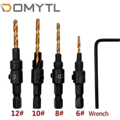 4pcs Countersink Drill Woodworking Drill Bit Set Drilling Pilot Holes For Screw Sizes #6 #8 #10 #12 With a Wrench
