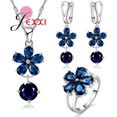 Charming 925 Sterling Silver Necklace Earrings Ring Women Jewelry Sets Dark Blue Cubic Zirconia Flower Pendant