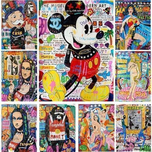Disney Poster Street Graffiti Art Canvas Painting Posters Mickey Wall Prints Mona Lisa Wall Art Picture for Living Room Decor
