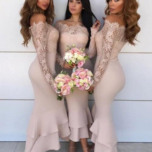 Off Shoulder Wedding Party Dresses Sexy Lace Long Sleeves Tiered Mermaid Bridesmaid Fashion Ankle Length Prom Cocktail Dress