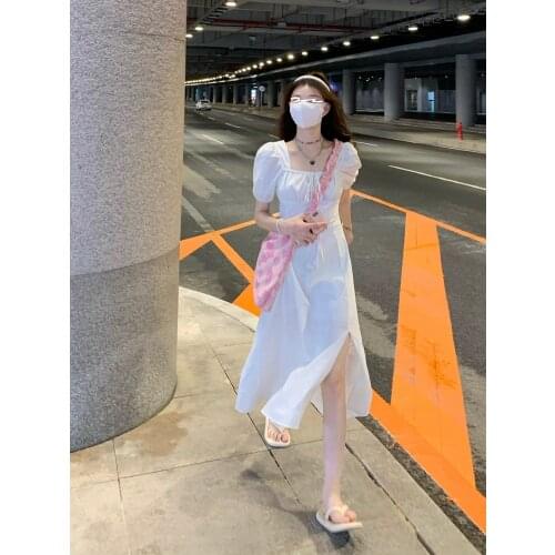 Dress French Split Square Collar White Short-sleeved Dress Women Summer New Style Skirt Korean High-waist Mid-length Skirt