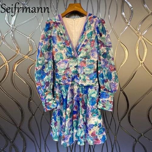 Seifrmann New 2021 Autumn Women Fashion Runway Party Midi Dress Sexy V-Neck High Waist Floral Print Ladies A-Line Dress Vestidos