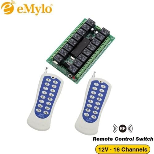 EMylo DV 12V RF Wireless Remote Control Multi Light Switch 433Mhz 1x16-CHs Relays Receiver 2X 16-button Transmitter controller