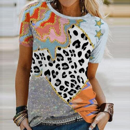 Plus Size Women T-shirts Leopard Patchwork Shirts Short Sleeve Printed O-neck Tops Tee T-shirt Summer Streetwear Mujer Camisetas