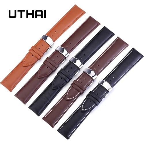 UTHAI Z07 Butterfly Buckle Genuine Leather Straps 12-24mm Watch Accessories High Quality Brown Colors Watchbands