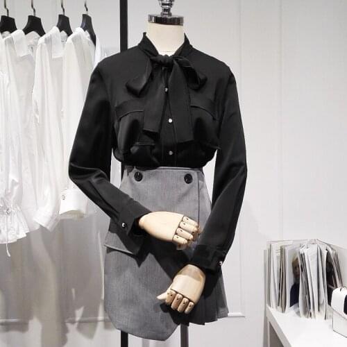 Fashion Design Black Women Shirts Summer New Bow Neck Long-Sleeved Office Lady Elegant Outwear Tops