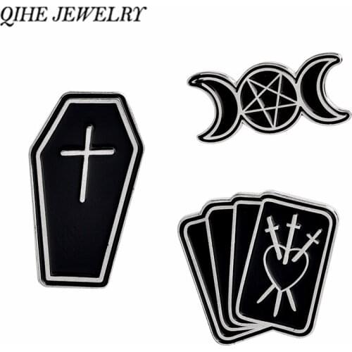 QIHE JEWELRY Moon phase The goddess Triple moon coffin dagger poker Witchcraft Lapel pin Goth Dark Punk Jewelry for women Unisex