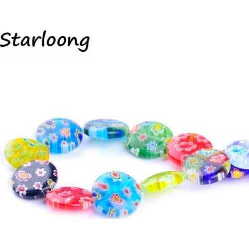 26pcs/string 14mm colors mixed round shape flower pattern flat lampwork glazed glass beads DIY jewelry making for necklace