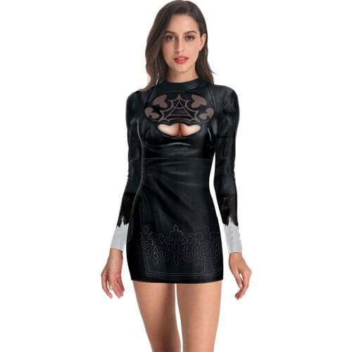You're My Secret] Gothic Dark Mini Dress Long Sleeves Sexy Skinny Outfits 3D Digital Printing Package Hip Skirt Dresses Women