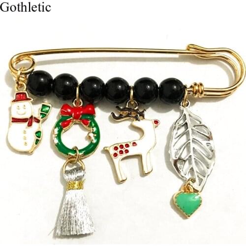 Gothletic Gold-color Enamel Charms Safty Pins and Brooches for Women Fashion Snowman Deer Leaf Tassel Christmas Jewelry Gifts