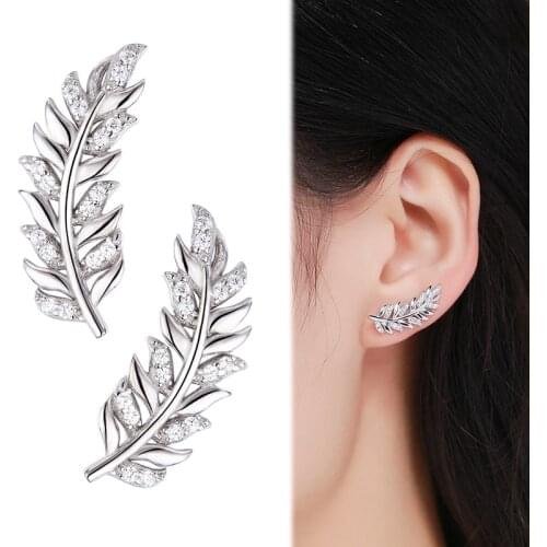925 Sterling Silver Feather Leaf CZ Ear Climber Stud Earrings For Women Girls Jewelry Orecchini Aros Aretes Ear Jacket Oorbellen