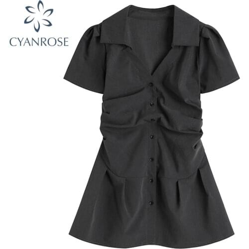 2021 Fashion Sexy V-Neck Versatile Short Sleeve Shirt Dress For Womens Summer Single-Breasted Slim Pleated Short Dress Female