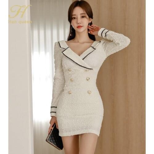 H Han Queen Spring Suit Collar Long Sleeve White Mini Pencil Sheath Bodycon Dress Lady Office Vestidos Elegant OL Simple Dresses