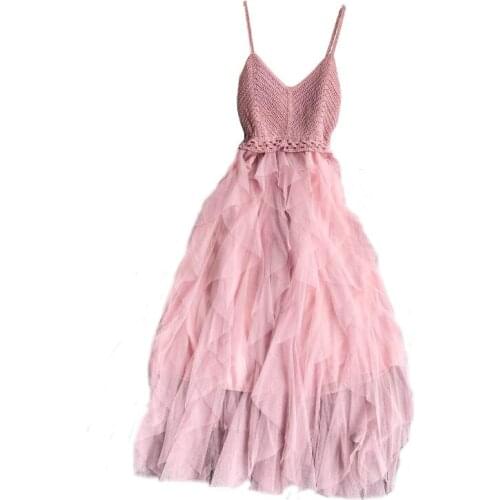 2021 New Summer Sleeveless Sling Gauze Lace Tulle Dress Sexy fashionWomen Tunic Basic Long Dresses Mesh Pink Black Vintage Dress