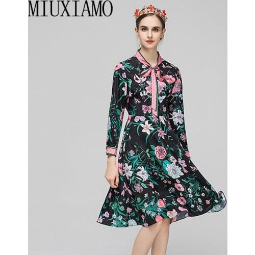 MIUXIMAO 2019 Fall Fashion Runway Casual Dress Womens Belted Collar Multicolor Floral Print Vintage Elegant Dress vestidos