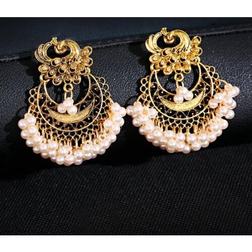 2020 Vintage Gold Peacock Alloy Bollywood Oxidized Earrings For Women Ethnic Pearl Tassel Jhumka Dangle Earrings