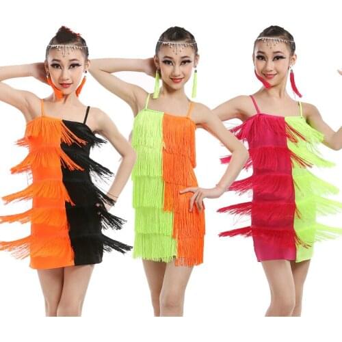 3 Color Kids Tassels Vestidos Latino Dancewear Costumes Dress Outfits Girls Latin Dancing Dress Ballroom Salsa Dance Wear Dress