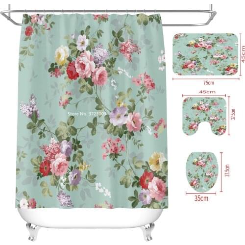 Fashion Idyllic Style Floral Digital Printing Home Waterproof Shower Curtain Bathroom Decoration Non-slip Floor Mat Toilet Mat