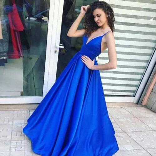 YNQNFS ED134 Real Vestidos Festa Robe de Soiree Satin V Neck Royal Blue Backless Prom Evening Party Dresses 2019