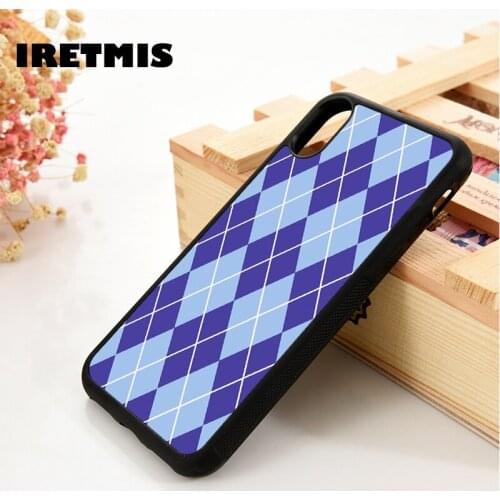 Iretmis 5 5S SE 6 6S Silicone Rubber Phone Case Cover for iPhone 7 8 Plus X Xs 11 12 MINI Pro Max XR Cute Blueberry Blue Argyle