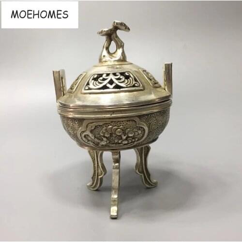 MOEHOMES Chinese old antique silver Ganoderma lucidum, crane statues incense burner home decoration metal crafts