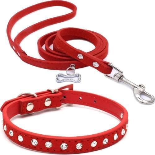 Soft Suede Leather Rhinestone Dog Collar Leash Set For Puppy Cat Small Pet Outdoor Leads Supplies Necklace Leashes