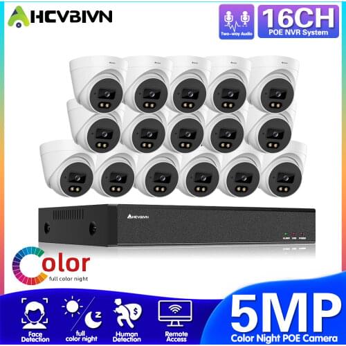 AHCVBIVN 5MP CCTV Camera System Set 4K POE NVR Kit Outdoor Color Audio POE IP Dome Security Surveillance Camera System Kit 16CH
