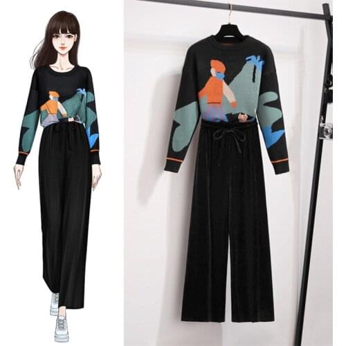 Korean Autumn Knitted Sweater Loose 2 Piece Set Runway Women Jacquard Pullover Tops + Black Corduroy Pants Two Piece Set Suit
