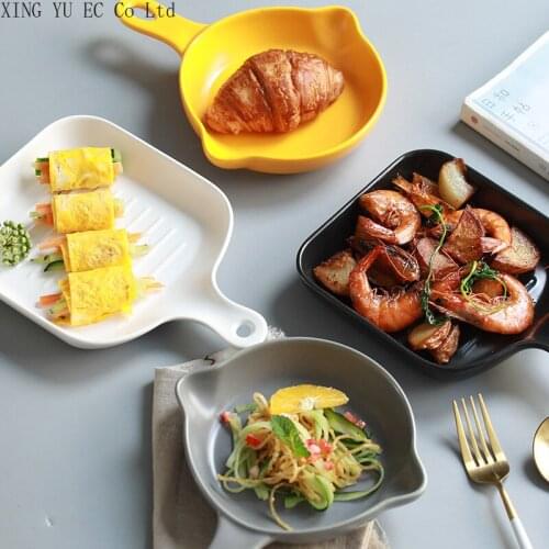 Nordic Matte Ceramic Plate with Handle Creative Baking Baked Rice Bakeware Breakfast Pendulum Plate Home Kitchen Supplies