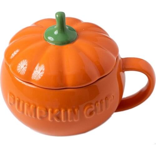 Kawaii Mugs Coffee Ceramic Cups Reusable Cup with Lid Pumpkin Breakfast Cup Dessert Yogurt Mug Instant Noodle Bowl with Handle