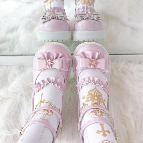 Lolita cute soft girl round head shallow mouth low heel girl shoes vintage lace bowknot bandage kawaii shoes cosplay loli women