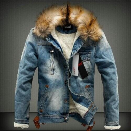 S-4xl Winter New Cotton Coat Tide Slim Thick Fur Collar Cowboy Jacket Mens Couple Denim Jacket Large Size Clothing Outerwear