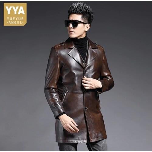 Brand Genuine Leather Medium Long Jacket Men Vintage Lapel Sheepskin Coat Business Single Breasted Casual Windbreakers Plus Size