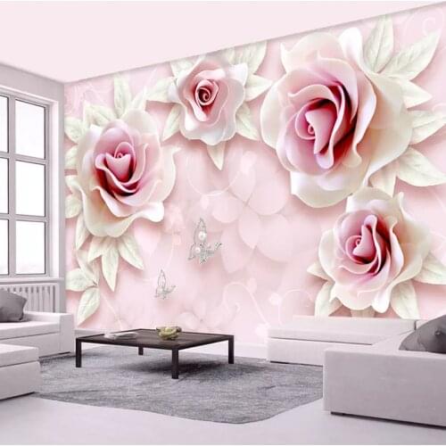 Custom Mural Wallpaper Fresh Simple 3D Embossed Pink Rose Art Mural Living Room Bedroom TV Background Wall Cloth Wall Painting