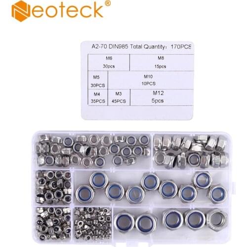 Neoteck 304 Stainless Steel Assortment 170 Pcs M3 M4 M5 M6 M8 M10 M12 Nylon Insert Locknut