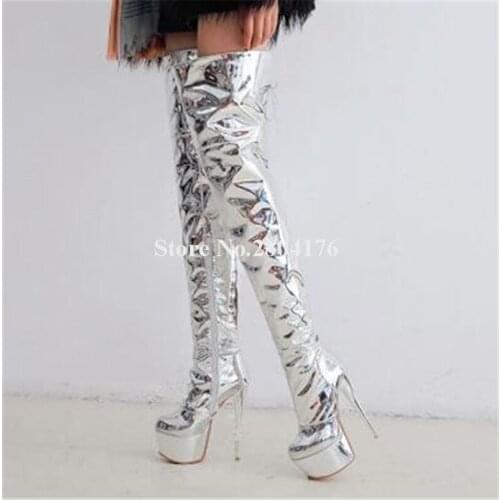 New Fashion Women Sexy Silver Mirror Patent Leather Over Knee High Platform Thin Heel Boots Slim Bandage Thigh High Long Boots