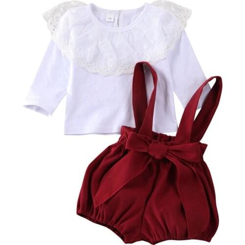 New Toddler Baby Girls Kid Lace Lotus Leaf Tops Strap Shorts Overalls Clothes Set