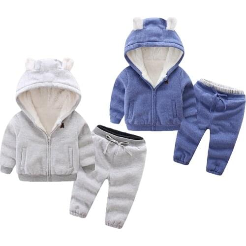 Autumn Winter Boys Girls Clothes Set Children Plus Velvet Suits Casual Warm Thicken Cartoon Bear Outfits Tracksuit Wear