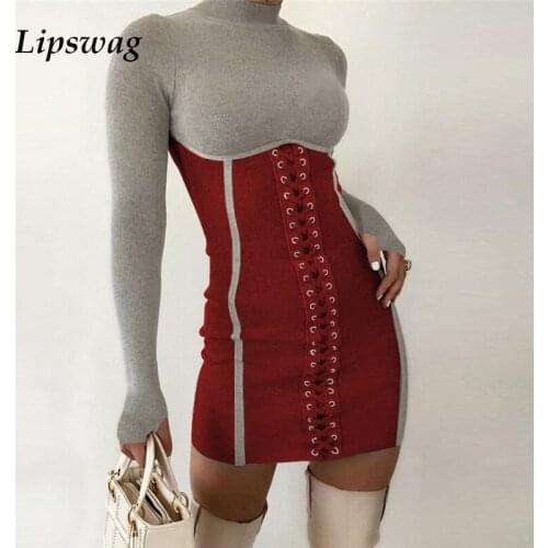 Autumn Sexy Women Slim Mini Dress 2021 Spring Casual Long Sleeve Party Dresses Fashion Ladies Lace-up Stand Collar Dress Vestido