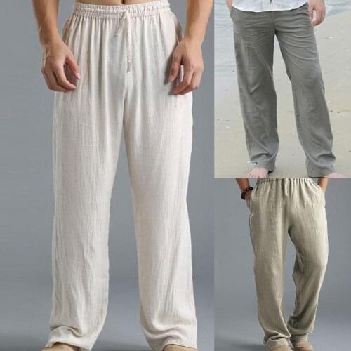 Casual Pants Plus Size Men Cotton Linen Long Pants Elastic Waist Loose Straight Trousers