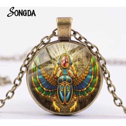 Retro Egyptian Scarab Photo Chain Necklace Symbol of Strength Glass Cabochon Pendant Egypt Amulet Charm Statement Jewelry