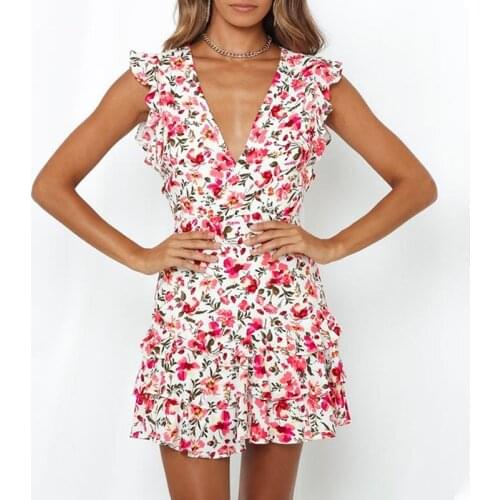 Flower Print Boho Summer Sundress Women Sleeveless Ruffled Short Mini Dress Backless Beach Dress Mini Sexy 2021 Women Clothes